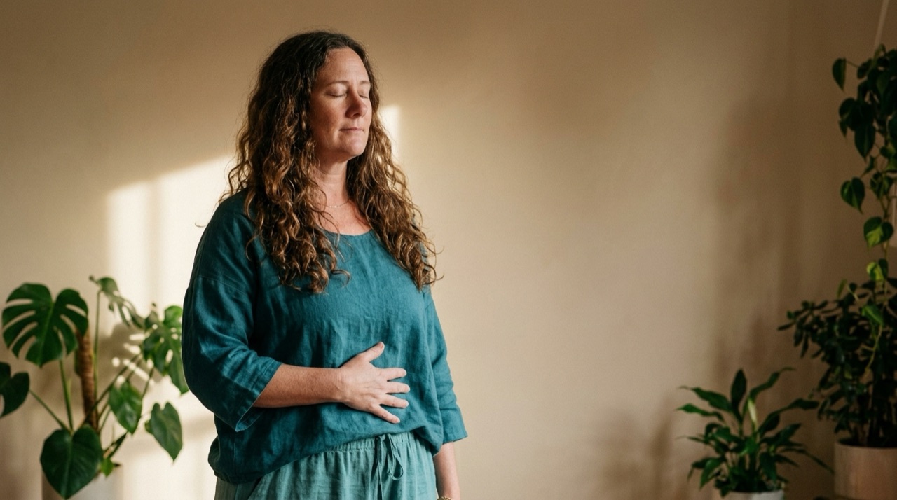 Dana standing with a hand on her belly, eyes closed, breathing