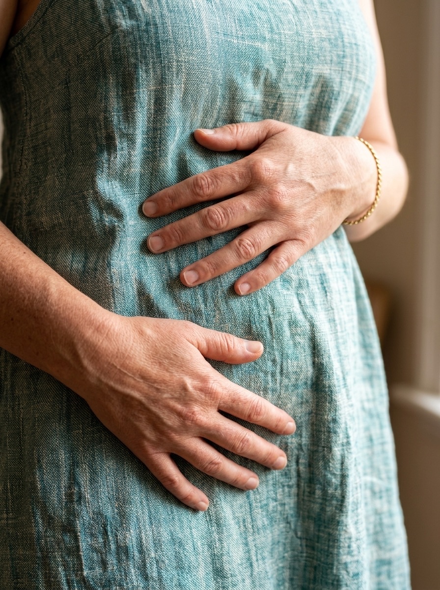 Close-up of Dana's hands resting on teal linen over the abdomen
