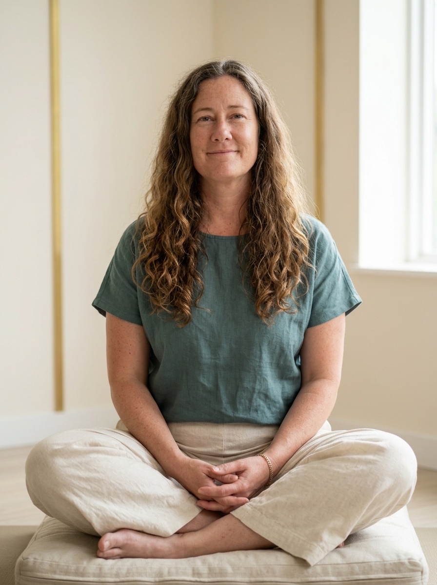Dana Stewart seated cross-legged in a teal linen top, a calm half-smile