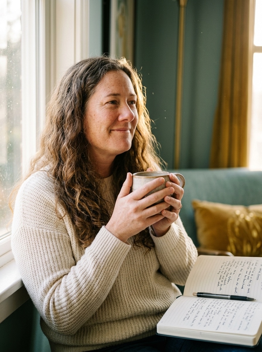 Dana by a window with a mug and an open journal, reflective